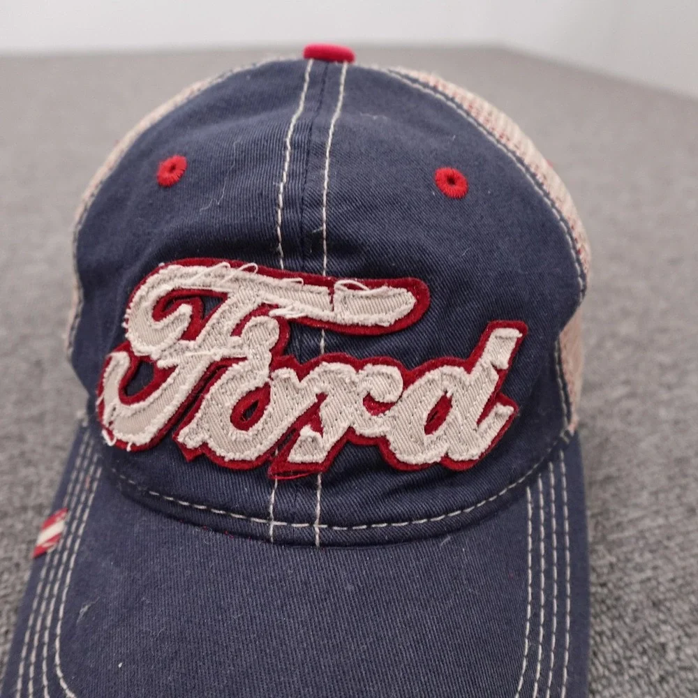 Ford Hat Cap Snap Back Mens One Size Blue Mesh Trucker Distressed Baseball Logo